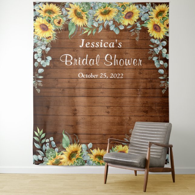 Sunflower Eucalyptus Bridal Shower Photo Backdrop Tapestry (In Situ)