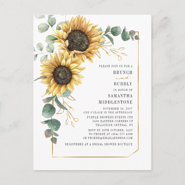 Sunflower Eucalyptus Brunch Bubbly Bridal Shower  Invitation Postcard (Front)