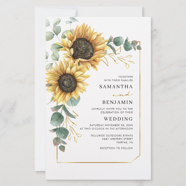 Sunflower Eucalyptus Budget Wedding Invitation (Front)