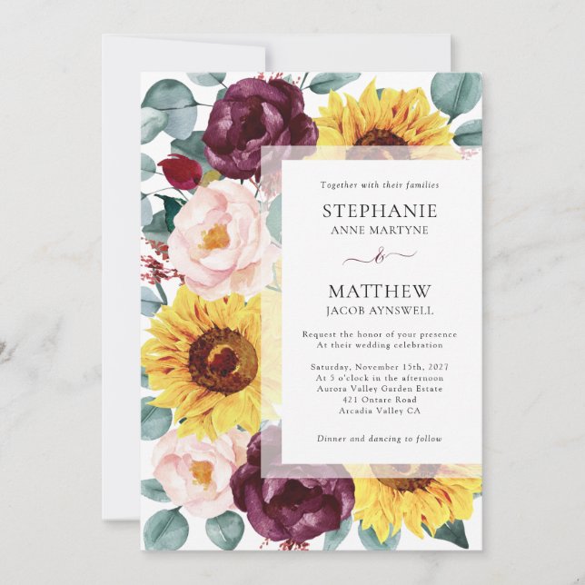 Sunflower Eucalyptus Burgundy Blush Floral Wedding Invitation (Front)