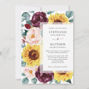 Sunflower Eucalyptus Burgundy Blush Floral Wedding Invitation