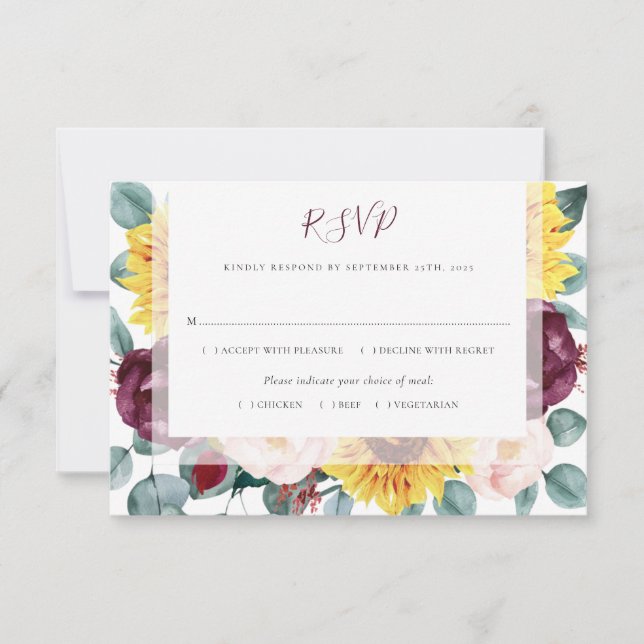 Sunflower Eucalyptus Burgundy Blush Floral Wedding RSVP Card (Front)