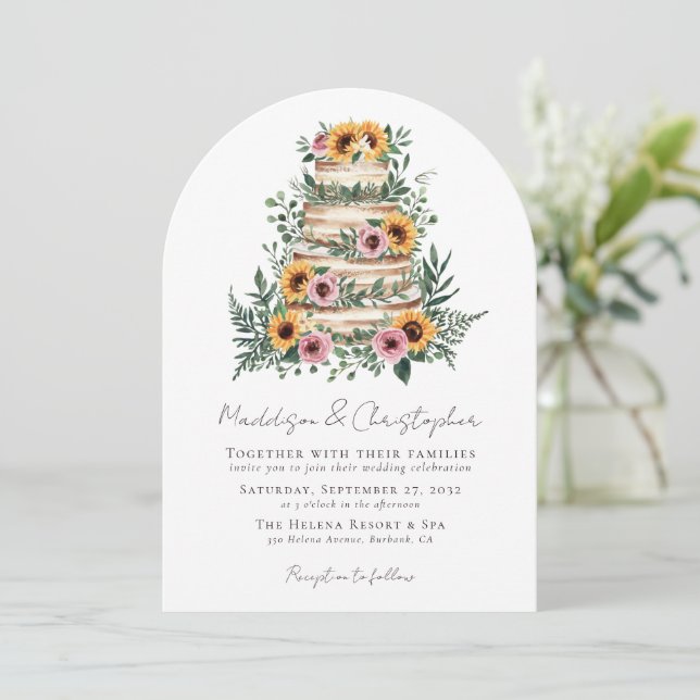 Sunflower Eucalyptus Cake Wedding Invitation (Standing Front)