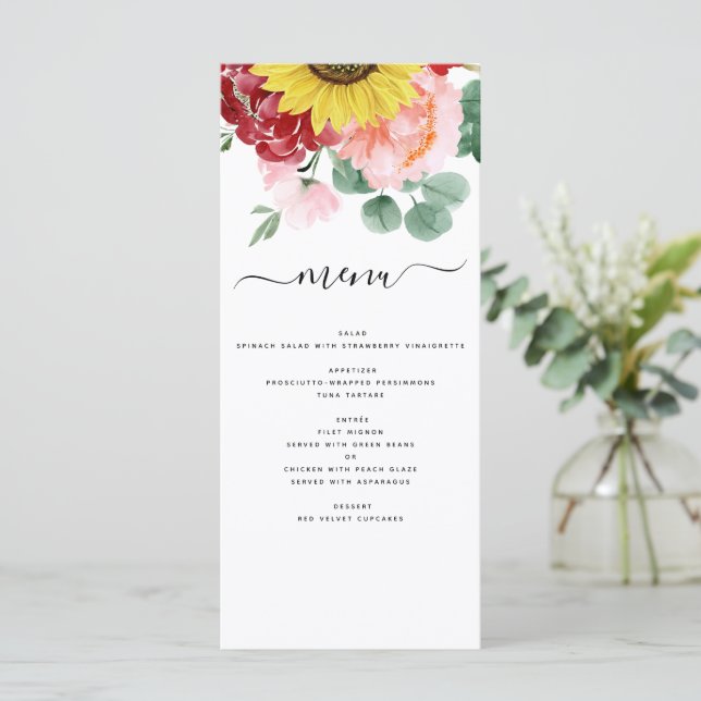 Sunflower Eucalyptus Country Watercolor Wedding Menu (Standing Front)