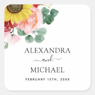Sunflower Eucalyptus Country Watercolor Wedding Square Sticker