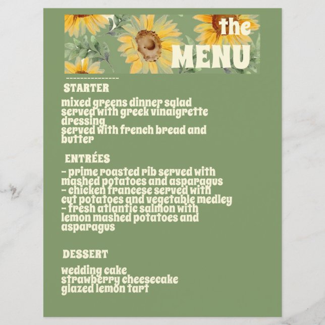 Sunflower Eucalyptus Floral Botanical Wedding Menu (Front)
