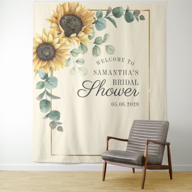 Sunflower Eucalyptus Floral Bridal Shower Backdrop Tapestry (In Situ)