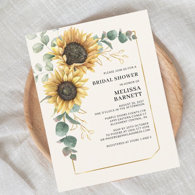 Sunflower Eucalyptus Floral Bridal Shower Invitation (Chic Floral Sunflower Eucalyptus Script First Last Name Bridal Shower Invitation)