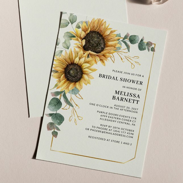 Sunflower Eucalyptus Floral Bridal Shower Invites (Floral Sunflowers Watercolor Eucalyptus Geometric Bridal Shower Invitation)