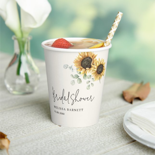 Sunflower Eucalyptus Floral Bridal Shower Paper Cups (Insitu)