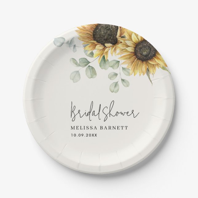 Sunflower Eucalyptus Floral Bridal Shower Paper Plate (Front)