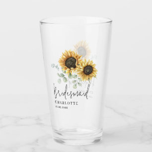 Sunflower Eucalyptus Floral Bridesmaid Script Glass