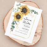 Sunflower Eucalyptus Floral Elegant Save The Date Flyer<br><div class="desc">Create a modern Sunflower Floral save the date flyer with this cute template featuring beautiful rustic floral bouquet, geometric gold effect frame, with modern simple typography. TIP: Matching wedding suite cards like RSVP, wedding programs, banners, tapestry, gift tags, signs, and other wedding keepsakes and goodies are available in the collection...</div>
