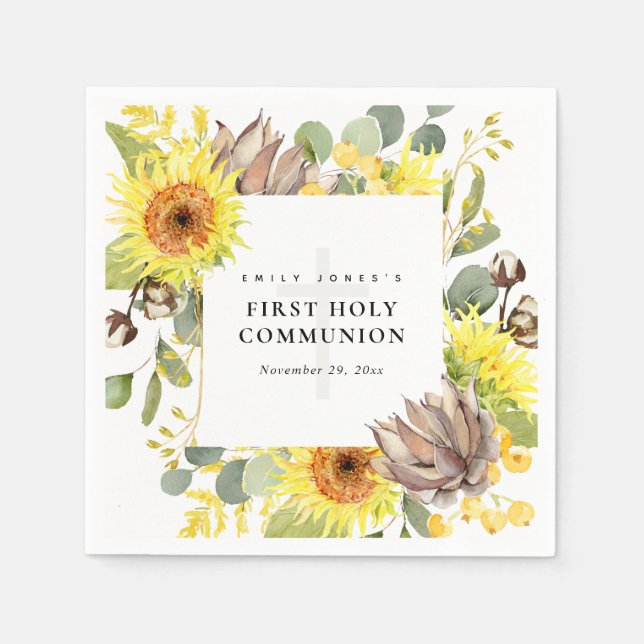 SUNFLOWER EUCALYPTUS FLORAL FIRST HOLY COMMUNION NAPKIN (Front)