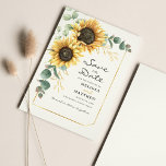 Sunflower Eucalyptus Floral Save The Date Flyer<br><div class="desc">Create a modern Sunflower Floral save the date flyer with this cute template featuring beautiful rustic floral bouquet, geometric gold effect frame, with modern simple typography. TIP: Matching wedding suite cards like RSVP, wedding programs, banners, tapestry, gift tags, signs, and other wedding keepsakes and goodies are available in the collection...</div>