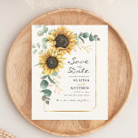 Sunflower Eucalyptus Floral Save The Date Flyer<br><div class="desc">Create a modern Sunflower Floral save the date flyer with this cute template featuring beautiful rustic floral bouquet, geometric gold effect frame, with modern simple typography. TIP: Matching wedding suite cards like RSVP, wedding programs, banners, tapestry, gift tags, signs, and other wedding keepsakes and goodies are available in the collection...</div>