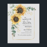 Sunflower Eucalyptus Floral Save The Date Flyer<br><div class="desc">Create a modern Sunflower Floral save the date flyer with this cute template featuring beautiful rustic floral bouquet, geometric gold effect frame, with modern simple typography. TIP: Matching wedding suite cards like RSVP, wedding programs, banners, tapestry, gift tags, signs, and other wedding keepsakes and goodies are available in the collection...</div>