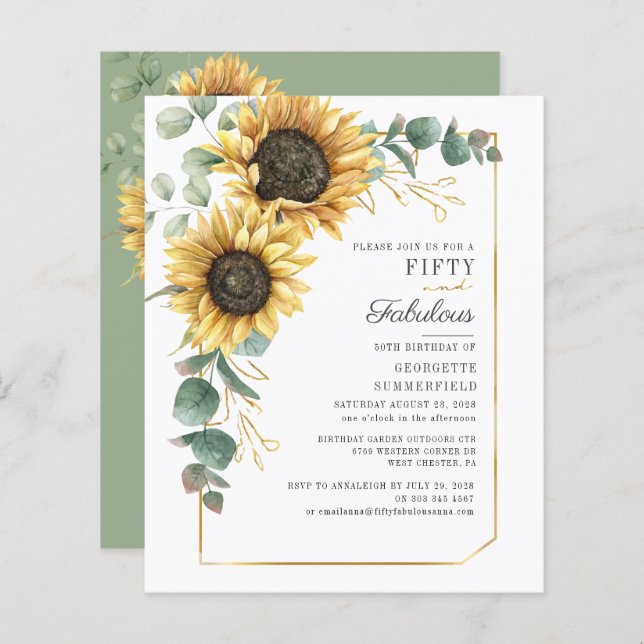 Sunflower Eucalyptus Floral Script 50th Birthday I (Front/Back)