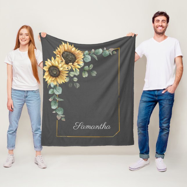 Sunflower Eucalyptus Floral Script Botanical Fleece Blanket (In Situ)