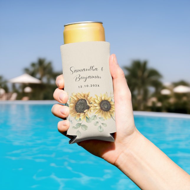 Sunflower Eucalyptus Floral Script Wedding Favour Seltzer Can Cooler (In Situ Pool)