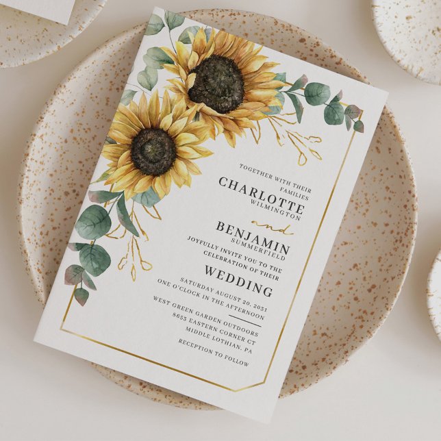 Sunflower Eucalyptus Floral Wedding Invitation (Sunflower Eucalyptus Typography Botanical Wedding Invitation)