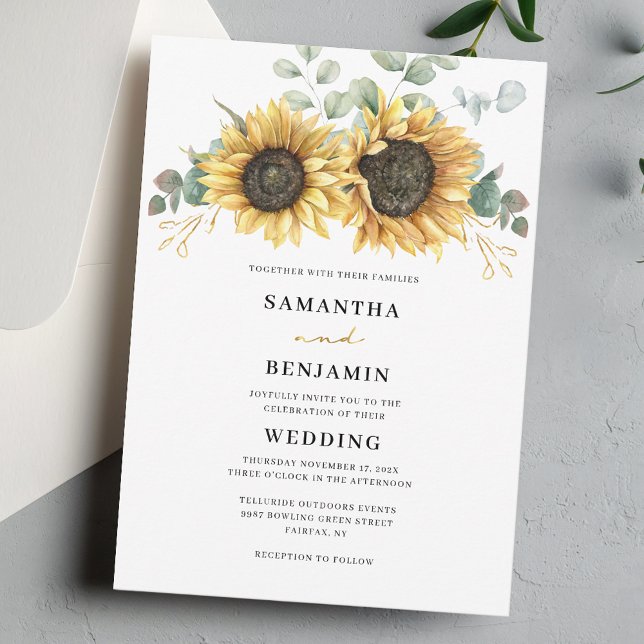 Sunflower Eucalyptus Floral Wedding Invitation (Sunflower Floral Eucalyptus Watercolor Wedding Invitation)