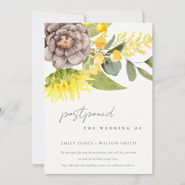 SUNFLOWER EUCALYPTUS  FLORAL WEDDING POSTPONED INVITATION (Front)