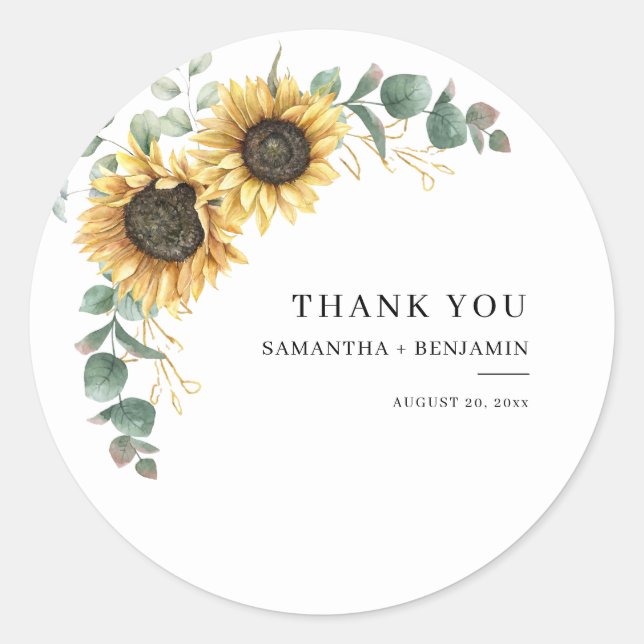 Sunflower Eucalyptus Floral Wedding Thank You Classic Round Sticker (Front)