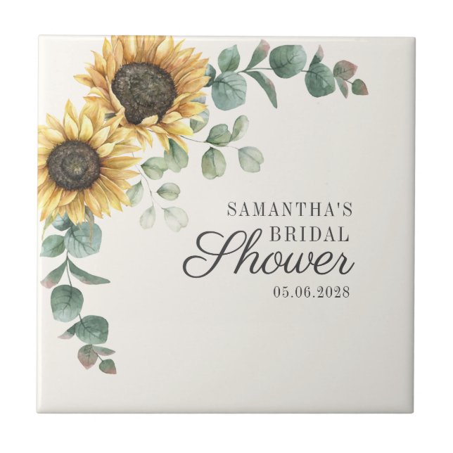 Sunflower Eucalyptus Foliage Script Bridal Shower Ceramic Tile (Front)