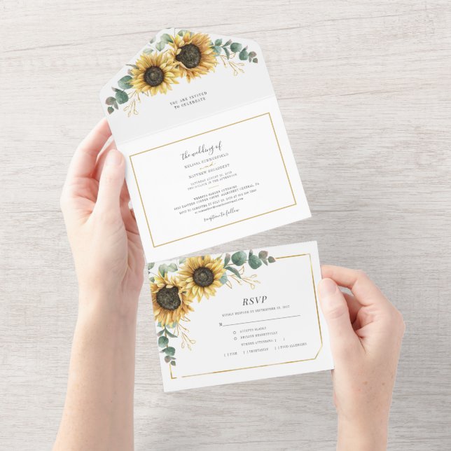 Sunflower Eucalyptus Geometric Floral Wedding All In One Invitation (Tearaway)