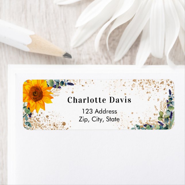 Sunflower eucalyptus glitter dust return address  label (Insitu)