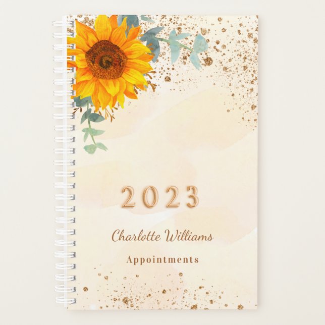 Sunflower eucalyptus glitter gold monogram 2023 planner (Front)