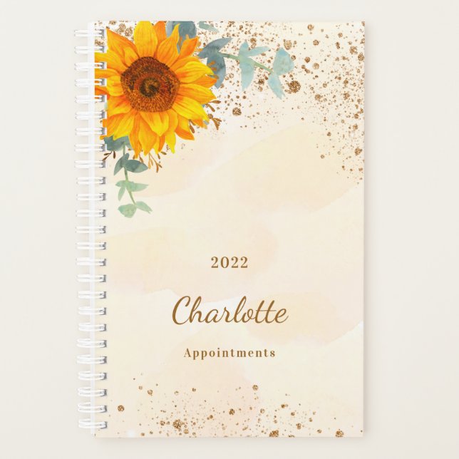 Sunflower eucalyptus glitter gold monogram planner (Front)