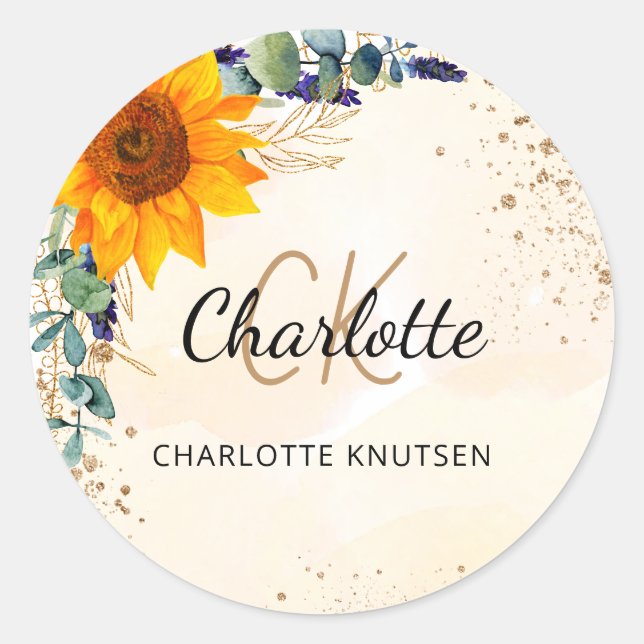 Sunflower eucalyptus glitter monogram classic round sticker (Front)