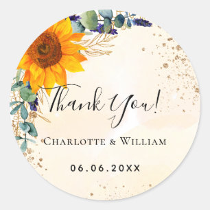 Sunflower eucalyptus glitter thank you wedding classic round sticker