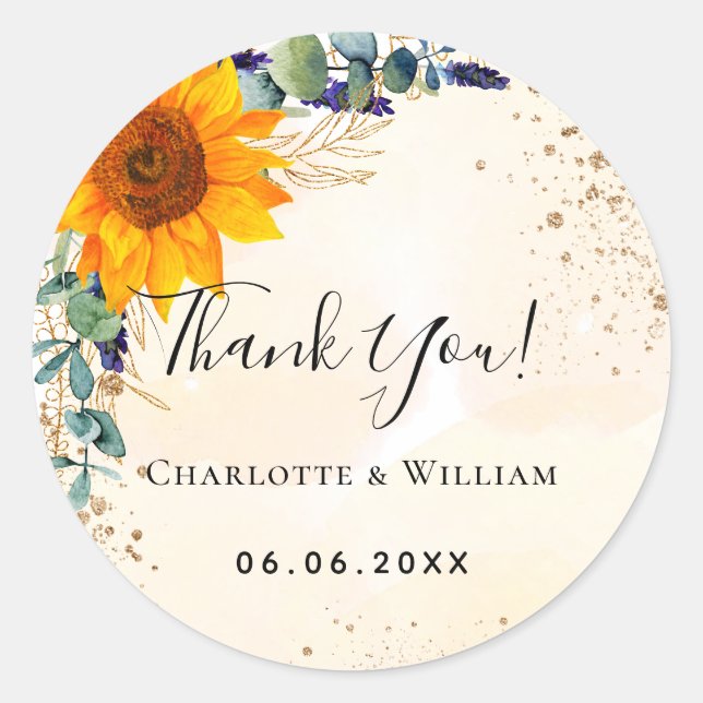 Sunflower eucalyptus glitter thank you wedding classic round sticker (Front)