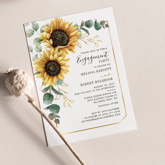 Sunflower Eucalyptus Gold Geometric Engagement Invitation (Floral Sunflower Eucalyptus Greenery Wedding Engagement Party Invitation)