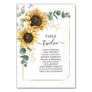 Sunflower Eucalyptus Gold Geometric Frame Wedding Table Number