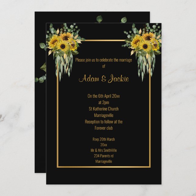 SUNFLOWER EUCALYPTUS GOLD TRIM ELEGANT WEDDING 2 INVITATION (Front/Back)