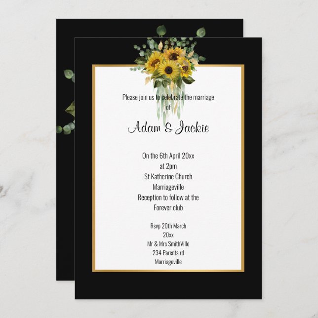 SUNFLOWER EUCALYPTUS GOLD TRIM ELEGANT WEDDING BLK INVITATION (Front/Back)