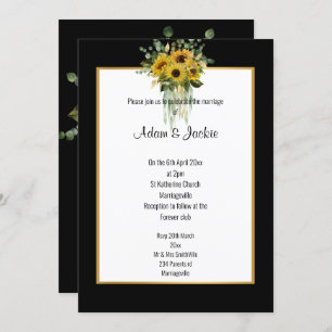 SUNFLOWER EUCALYPTUS GOLD TRIM ELEGANT WEDDING BLK INVITATION