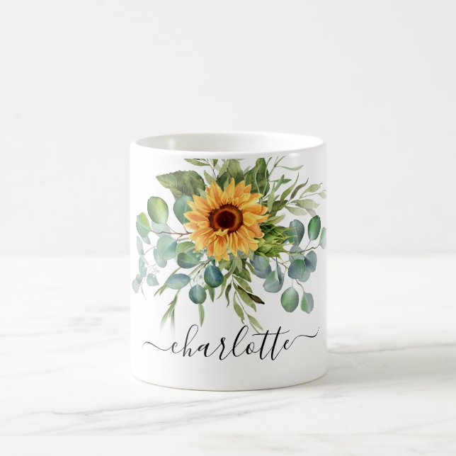 Sunflower eucalyptus greenery name script coffee mug (Center)