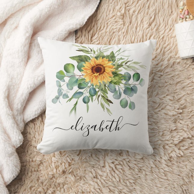Sunflower eucalyptus greenery name script cushion (Blanket)