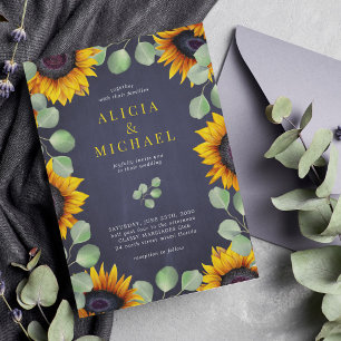 Sunflower eucalyptus greenery rustic navy wedding invitation