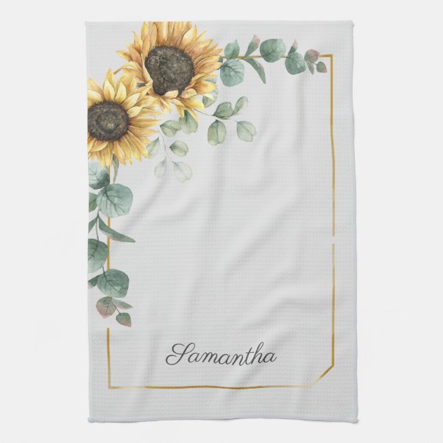 Sunflower Eucalyptus Greenery Script Personalised Tea Towel (Vertical)