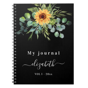 Sunflower eucalyptus greenry script black notebook
