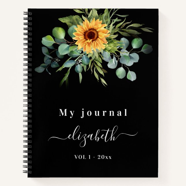 Sunflower eucalyptus greenry script black notebook (Front)