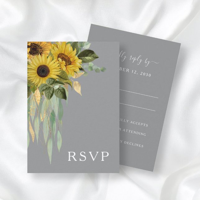 Sunflower Eucalyptus Grey Yellow Fall Wedding RSVP Card (Creator Uploaded)