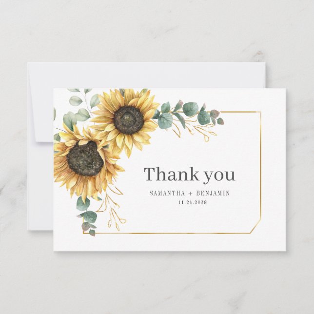 Sunflower Eucalyptus Leaves Botanical Wedding Thank You Card (Front)