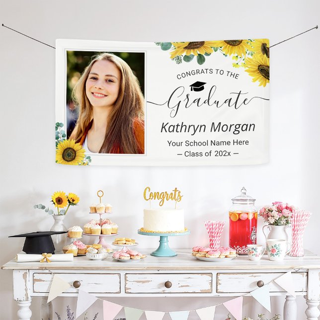 Sunflower Eucalyptus Leaves Graduation Party Photo Banner (Creator Uploaded)